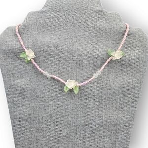 Vintage Beaded Flower Necklace Frosted Clear Lucite Purple Bead Strand 15.25"